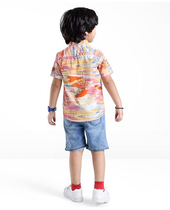 Babyhug Cotton Woven  Half Sleeves Shirt Beach Theme Print - Multicolour