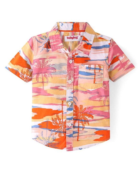 Babyhug Cotton Woven  Half Sleeves Shirt Beach Theme Print - Multicolour