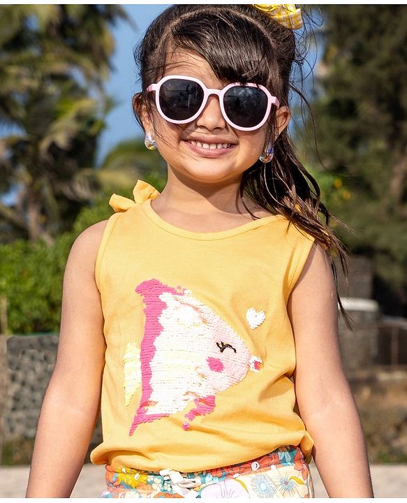 Babyhug Cotton Knit Sleeveless Top with Reversible Sequins Detailing - Yellow