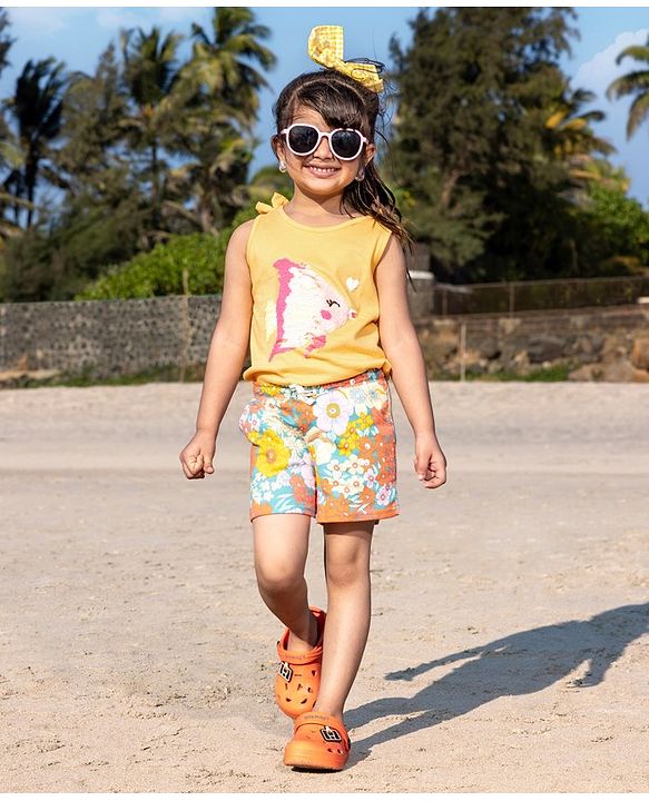 Babyhug Cotton Knit Sleeveless Top with Reversible Sequins Detailing - Yellow