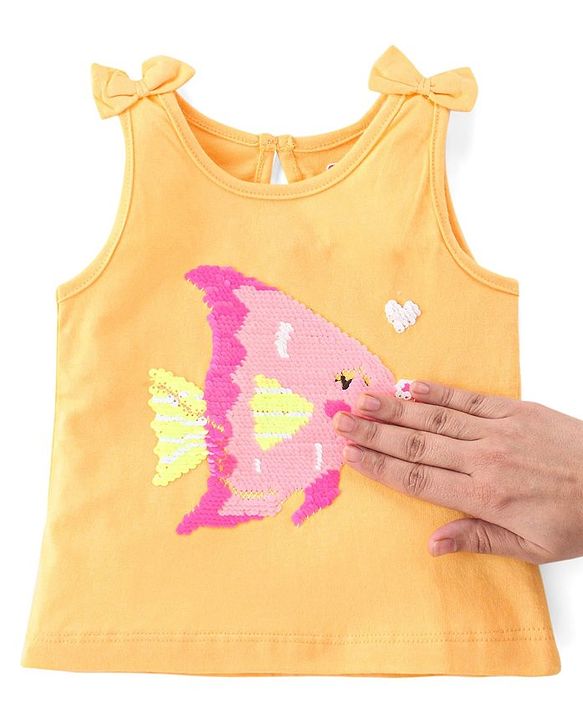 Babyhug Cotton Knit Sleeveless Top with Reversible Sequins Detailing - Yellow
