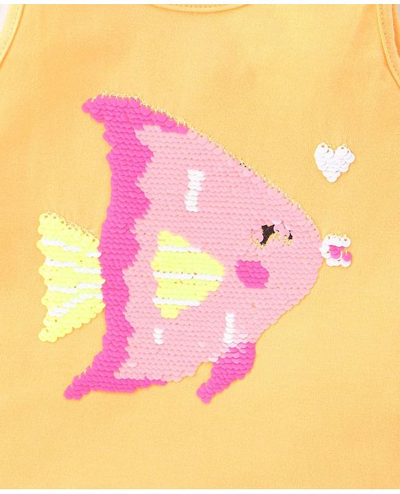 Babyhug Cotton Knit Sleeveless Top with Reversible Sequins Detailing - Yellow