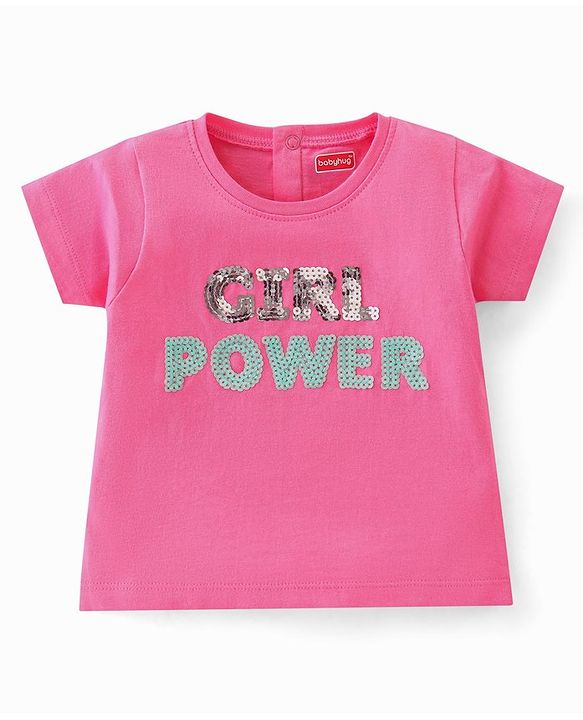 Babyhug 100% Cotton Half Sleeves T-Shirt with Graphics & Sequins Detailing- Pink