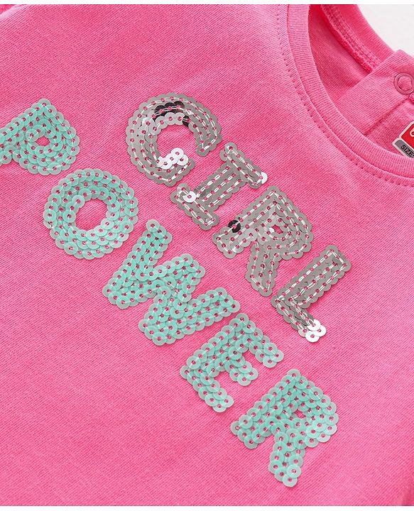 Babyhug 100% Cotton Half Sleeves T-Shirt with Graphics & Sequins Detailing- Pink