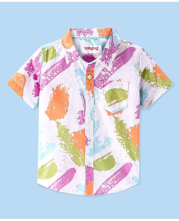 Babyhug 100% Cotton Woven Half Sleeve Regular Collar Shirt Paint Print - White