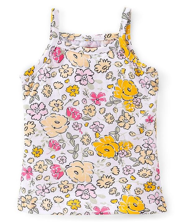 Babyhug 100% Cotton Knit Single Jersey Sleeveless Slips  With Floral & Deer Print Pack Of 3 - White Pink & Yellow