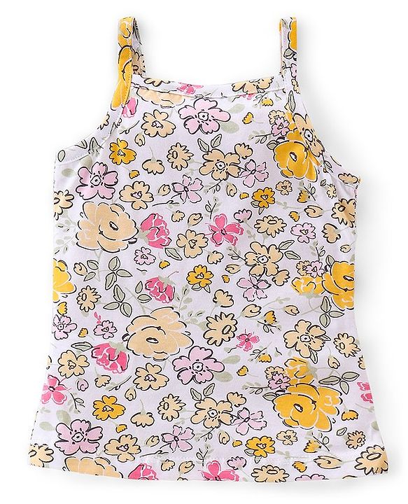 Babyhug 100% Cotton Knit Single Jersey Sleeveless Slips  With Floral & Deer Print Pack Of 3 - White Pink & Yellow
