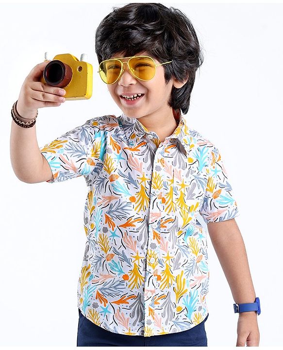 Babyhug 100% Cotton Woven Half Sleeve Regular Collar Shirt Abstract Print - Multicolour