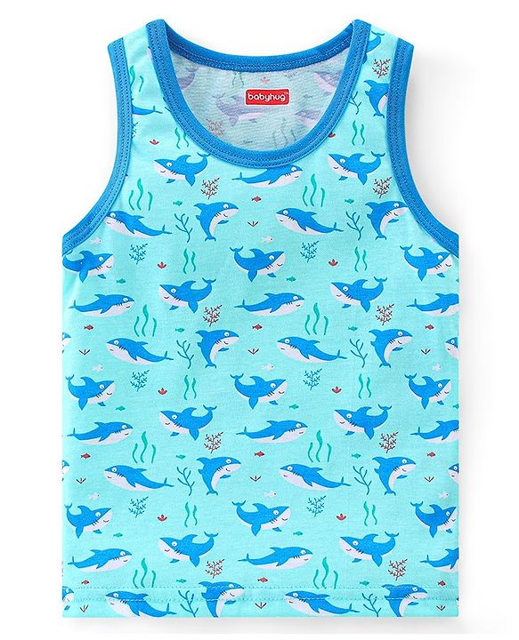Babyhug 100% Cotton Knit Sleeveless Sando & Shorts Set Shark Print -Blue