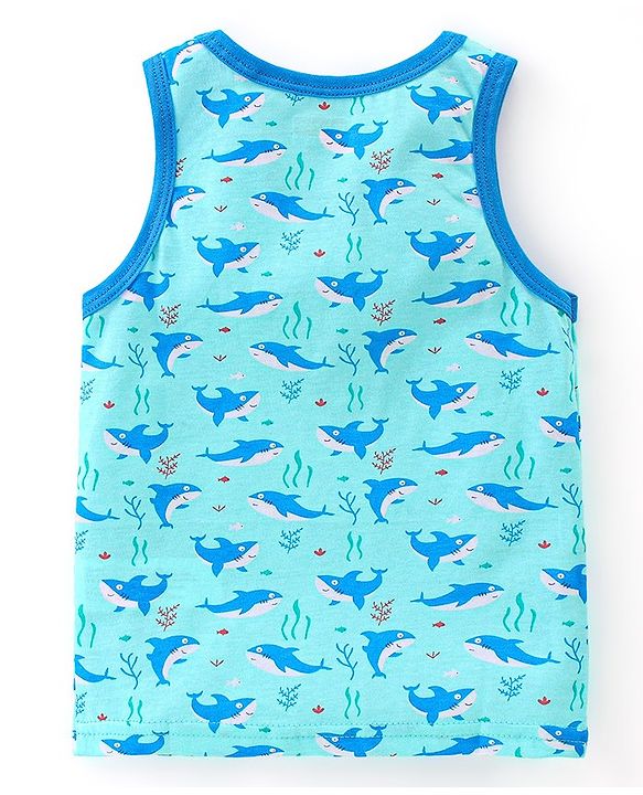 Babyhug 100% Cotton Knit Sleeveless Sando & Shorts Set Shark Print -Blue