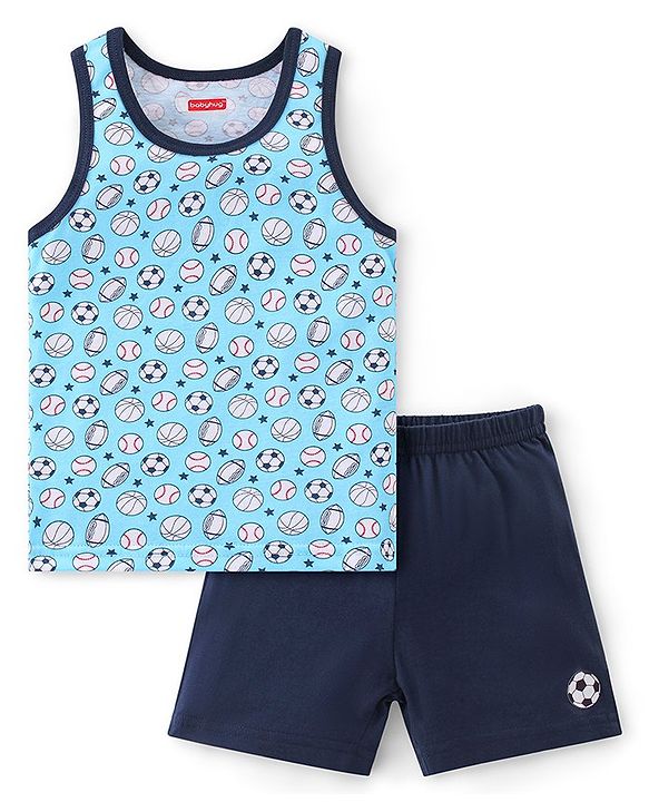 Babyhug 100% Cotton Knit Sleeveless Sando & Shorts Set Balls Print -Blue