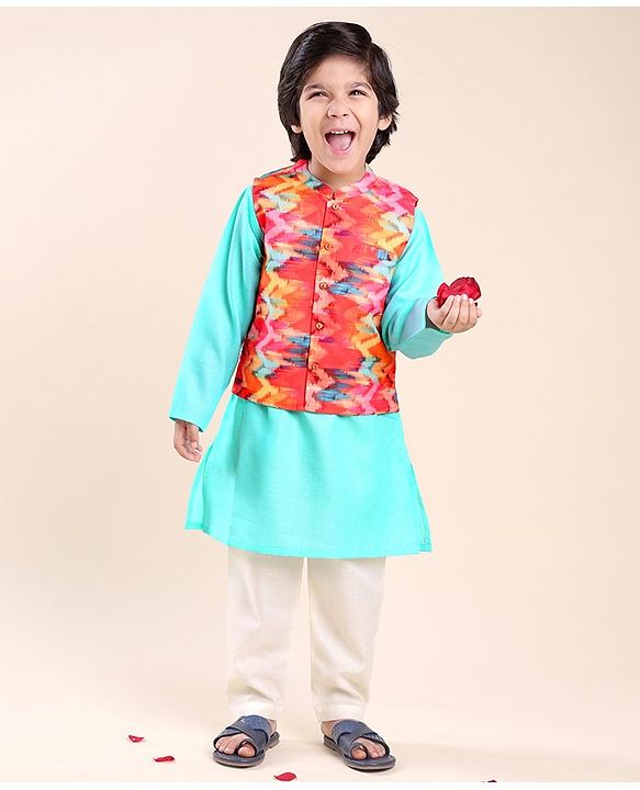 Babyhug Cotton Solid Kurta with Pyjama Set & Printed Jacket - Blue