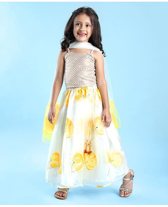 Babyhug Singlet Sleeves Mirror Embroidered Choli with Printed Lehenga & Net Jacket Set - White & Yellow
