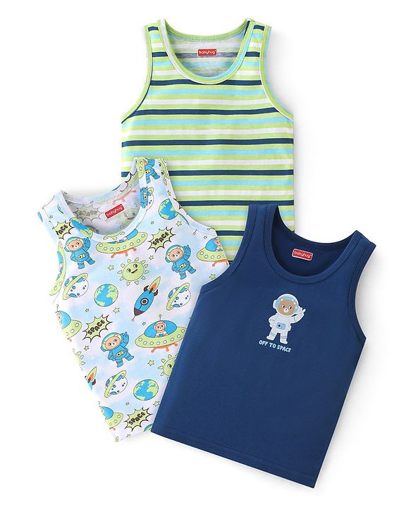 Babyhug 100% Cotton Sleeveless Sando Astronaut Print Pack Of 3 - Green & Blue