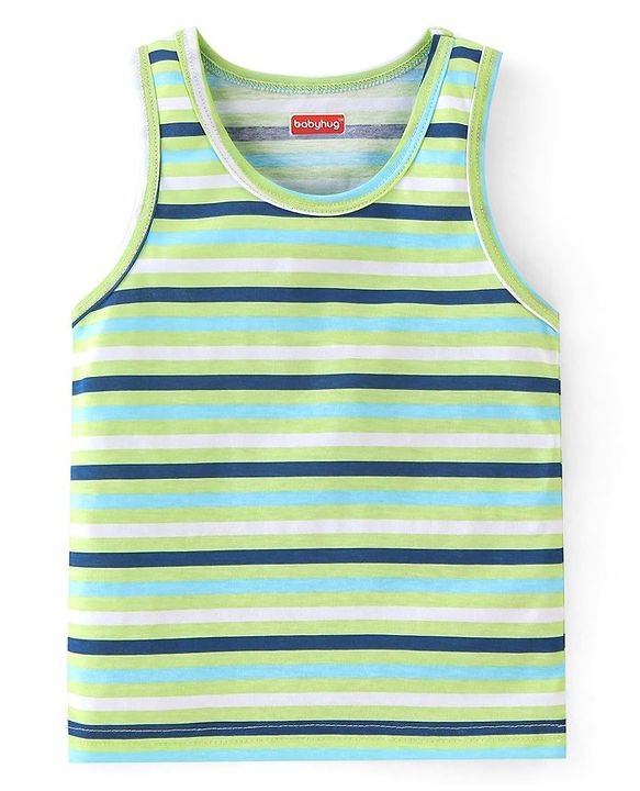 Babyhug 100% Cotton Sleeveless Sando Astronaut Print Pack Of 3 - Green & Blue