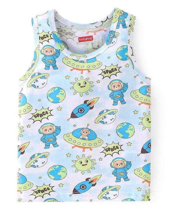 Babyhug 100% Cotton Sleeveless Sando Astronaut Print Pack Of 3 - Green & Blue