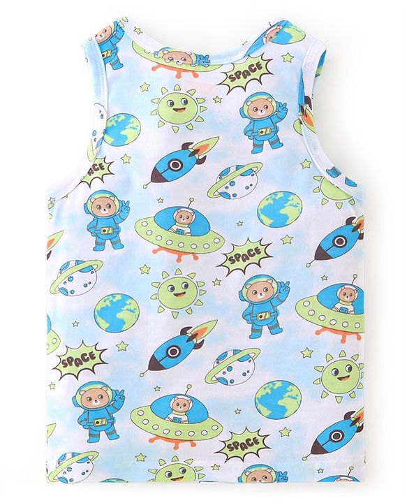 Babyhug 100% Cotton Sleeveless Sando Astronaut Print Pack Of 3 - Green & Blue