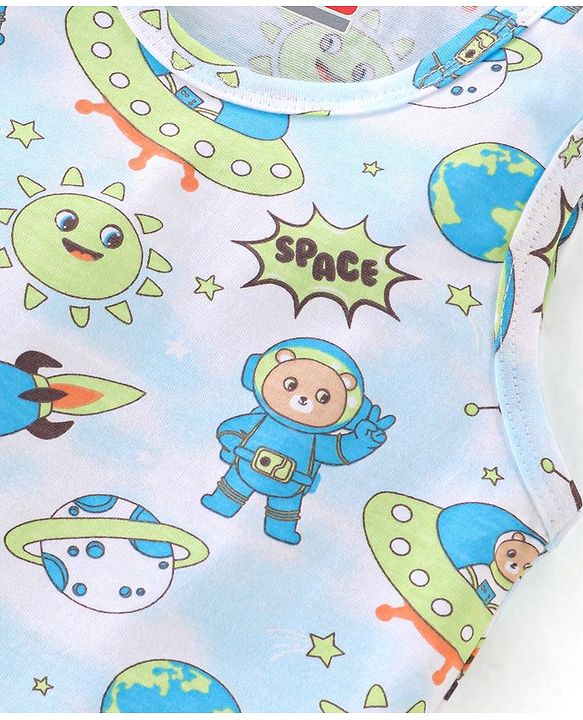 Babyhug 100% Cotton Sleeveless Sando Astronaut Print Pack Of 3 - Green & Blue