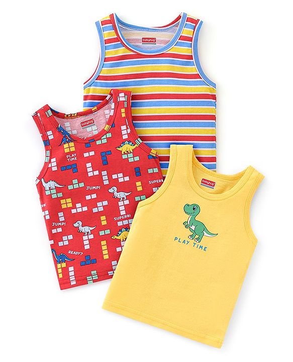 Babyhug 100% Cotton Sleeveless Sando Striped & Dino Print Pack of 3 - Multicolour