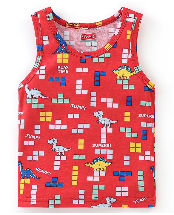 Babyhug 100% Cotton Sleeveless Sando Striped & Dino Print Pack of 3 - Multicolour