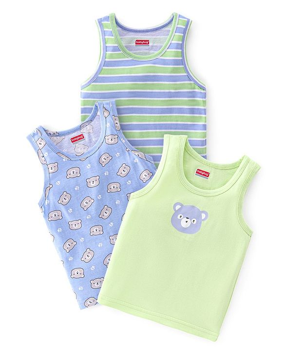 Babyhug 100% Cotton Sleeveless Sando With Teddy Print Pack Of 3 - Green & Purple