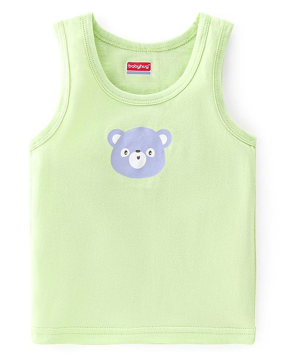 Babyhug 100% Cotton Sleeveless Sando With Teddy Print Pack Of 3 - Green & Purple