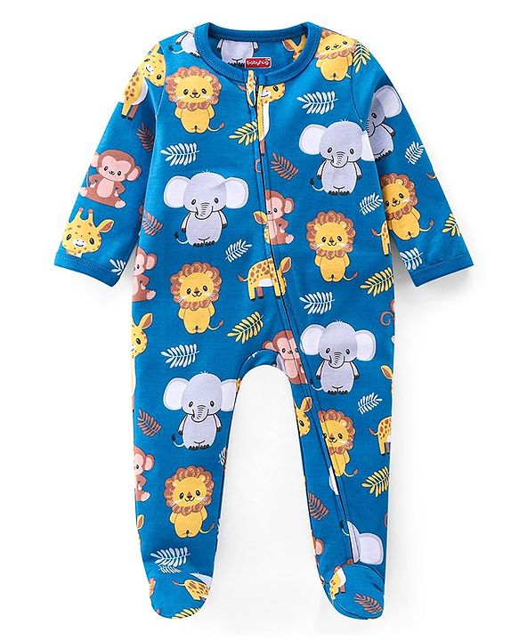 Babyhug Cotton Interlock Knit Full Sleeves Footed Sleep Suit Jungle Safari Theme - Blue