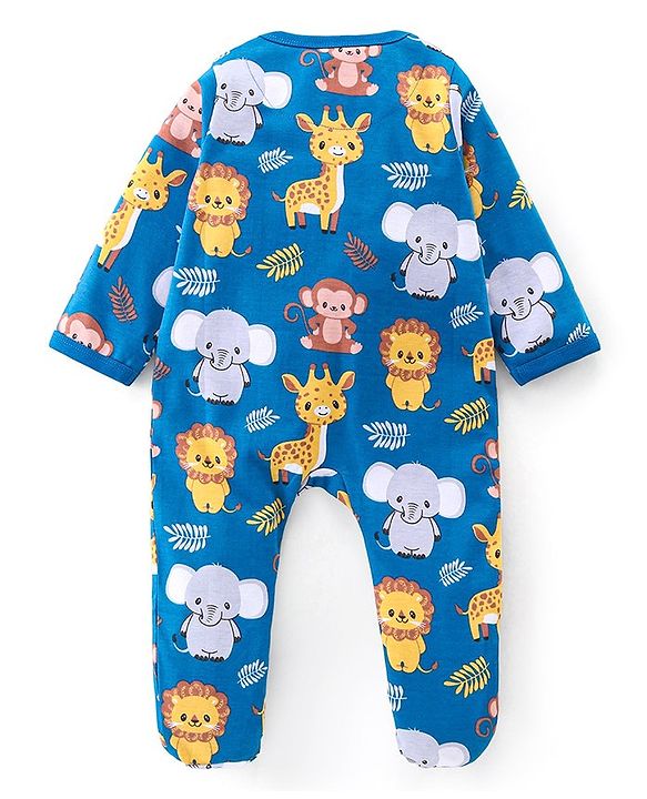 Babyhug Cotton Interlock Knit Full Sleeves Footed Sleep Suit Jungle Safari Theme - Blue
