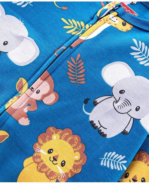 Babyhug Cotton Interlock Knit Full Sleeves Footed Sleep Suit Jungle Safari Theme - Blue