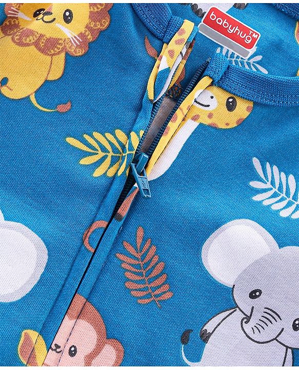 Babyhug Cotton Interlock Knit Full Sleeves Footed Sleep Suit Jungle Safari Theme - Blue