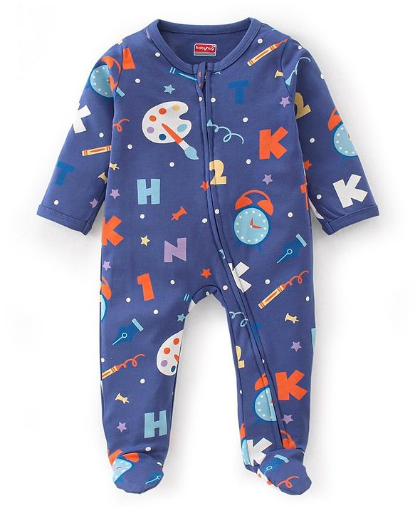 Babyhug Cotton Knit Full Sleeves Footed Sleep Suit Alphabet Print  - Navy Blue