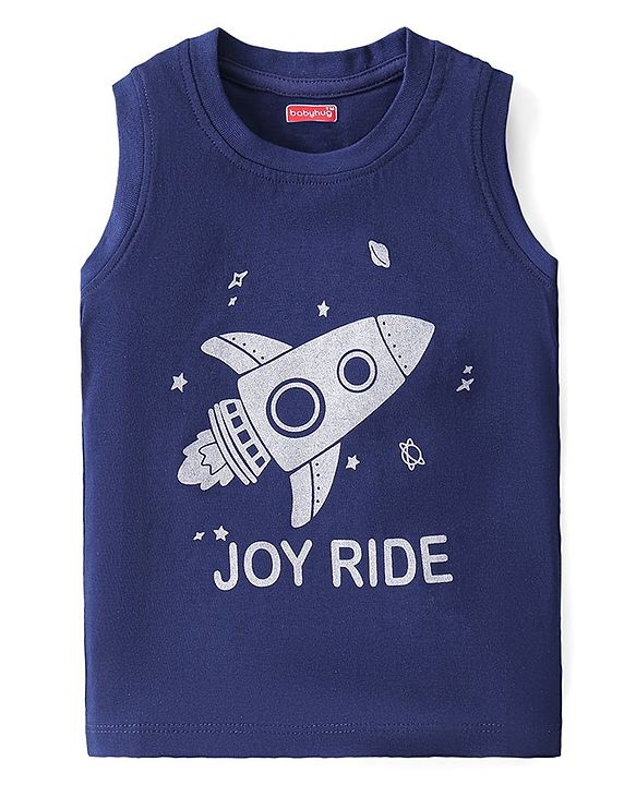 Babyhug Cotton Knit Sleeveless T-Shirt Rocket Print - Navy Blue