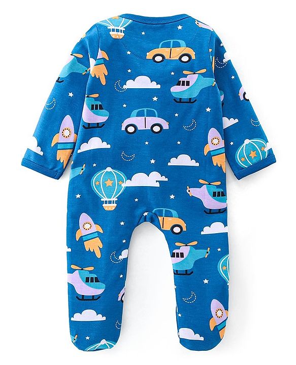 Babyhug Interlock Knit Full Sleeves Footed Sleepsuit With Vehicle Print   - Navy Blue