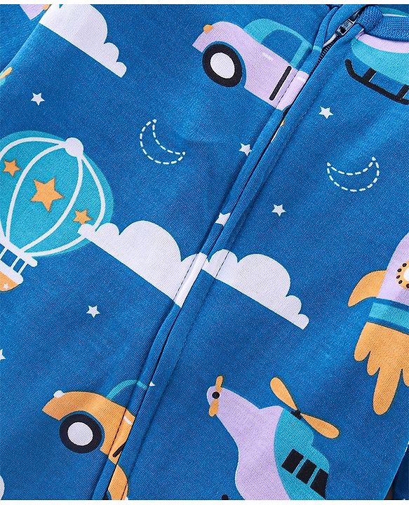 Babyhug Interlock Knit Full Sleeves Footed Sleepsuit With Vehicle Print   - Navy Blue