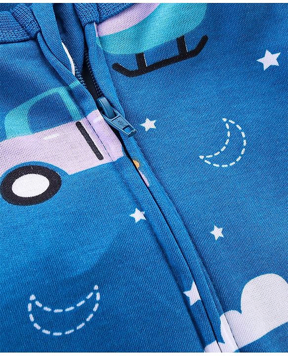 Babyhug Interlock Knit Full Sleeves Footed Sleepsuit With Vehicle Print   - Navy Blue