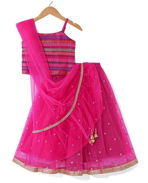 Babyhug 100% Cotton Knit Singlet Sleeves Brocade Choli with Sequin Lehenga & Dupatta Set - Fuschia