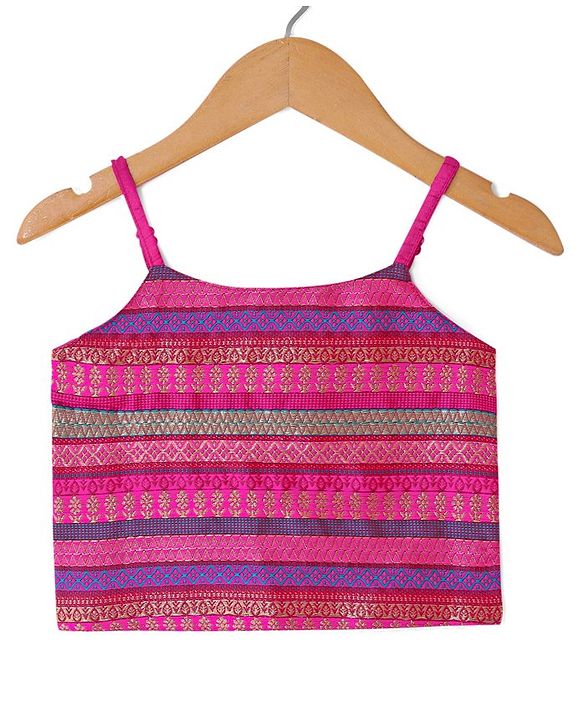 Babyhug 100% Cotton Knit Singlet Sleeves Brocade Choli with Sequin Lehenga & Dupatta Set - Fuschia