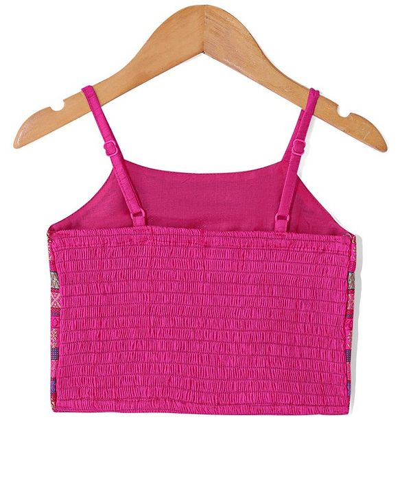 Babyhug 100% Cotton Knit Singlet Sleeves Brocade Choli with Sequin Lehenga & Dupatta Set - Fuschia