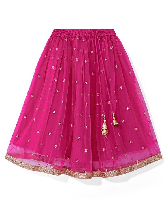 Babyhug 100% Cotton Knit Singlet Sleeves Brocade Choli with Sequin Lehenga & Dupatta Set - Fuschia