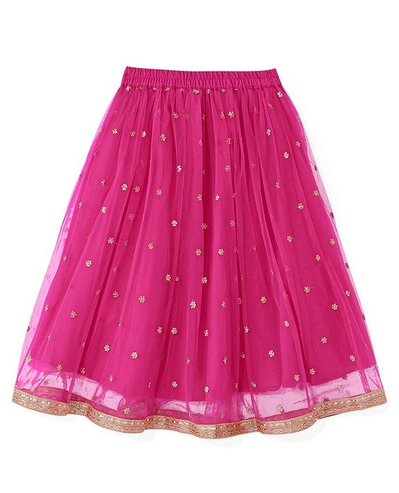 Babyhug 100% Cotton Knit Singlet Sleeves Brocade Choli with Sequin Lehenga & Dupatta Set - Fuschia