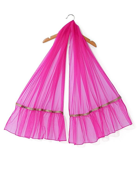Babyhug 100% Cotton Knit Singlet Sleeves Brocade Choli with Sequin Lehenga & Dupatta Set - Fuschia