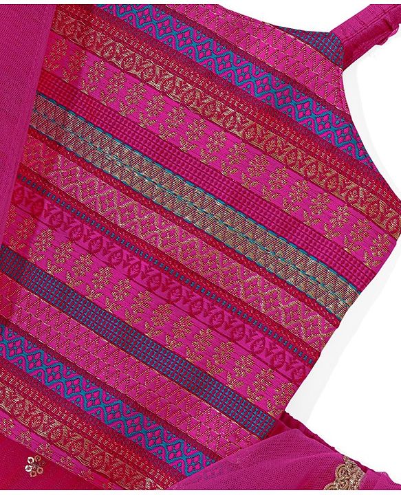 Babyhug 100% Cotton Knit Singlet Sleeves Brocade Choli with Sequin Lehenga & Dupatta Set - Fuschia