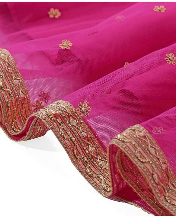 Babyhug 100% Cotton Knit Singlet Sleeves Brocade Choli with Sequin Lehenga & Dupatta Set - Fuschia