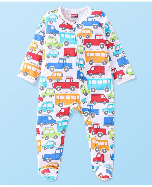 Babyhug Cotton Knit Full Sleeves Sleepsuit with Car Print - White