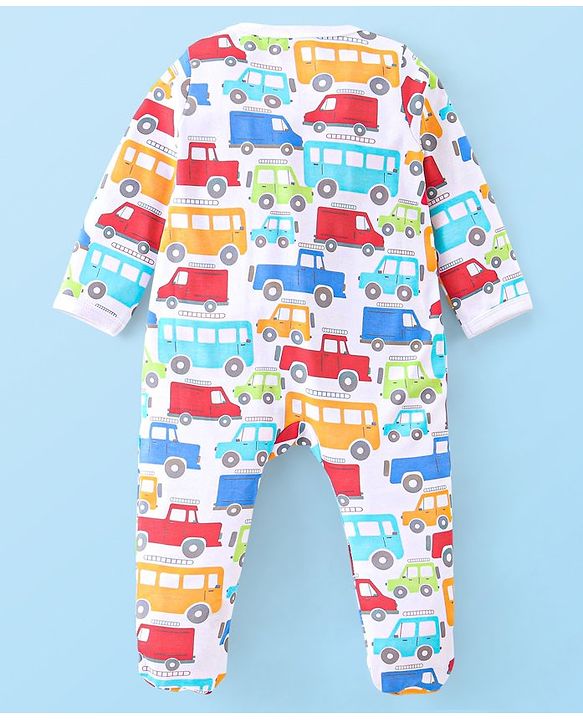 Babyhug Cotton Knit Full Sleeves Sleepsuit with Car Print - White