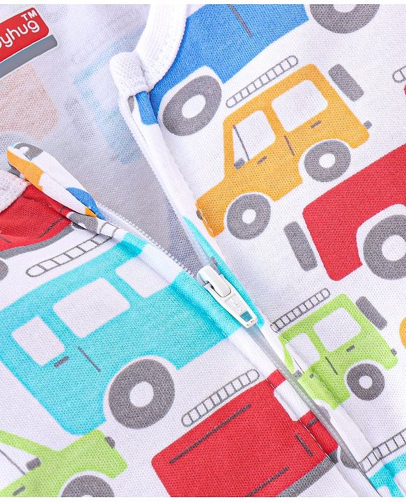 Babyhug Cotton Knit Full Sleeves Sleepsuit with Car Print - White