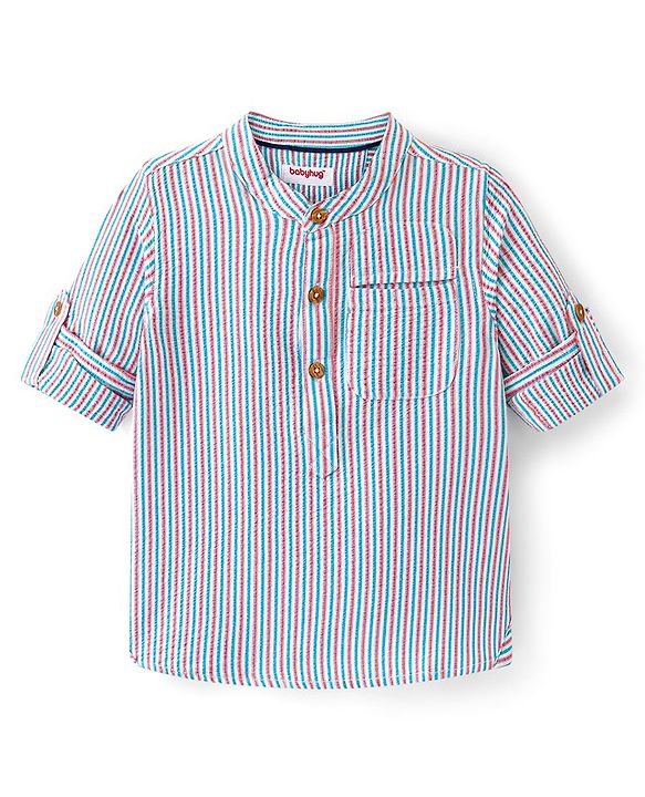 Babyhug Cotton Woven Full Sleeves Mandarin Collar Stripe Kurta Shirt - Multicolour