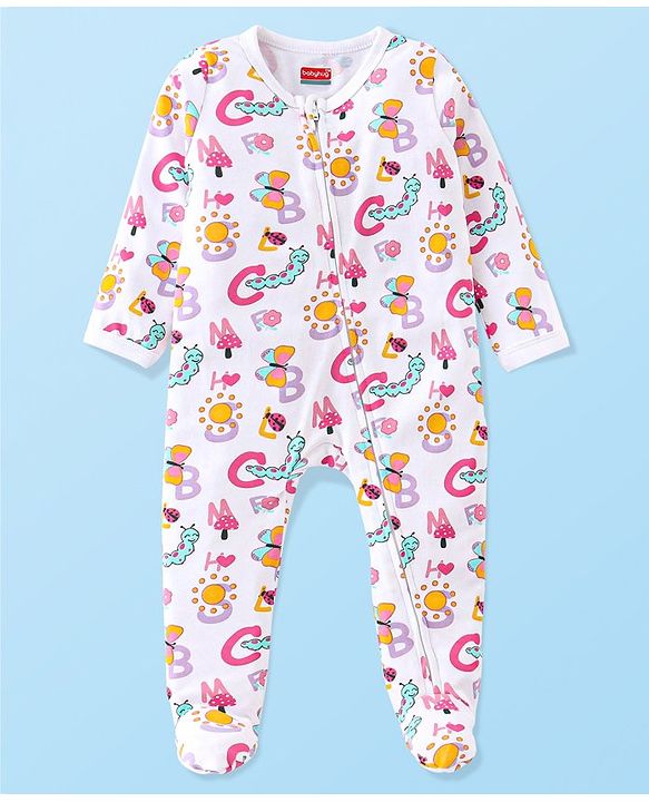 Babyhug Cotton Knit Full Sleeves Sleep Suit with Caterpillar Print - White & Pink