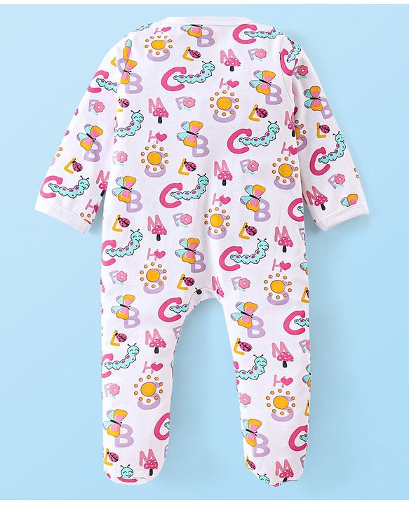 Babyhug Cotton Knit Full Sleeves Sleep Suit with Caterpillar Print - White & Pink