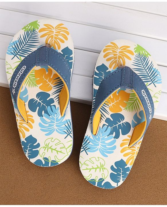 Cute Walk by Babyhug Slip On Flip Flops with Leafy Print- Blue